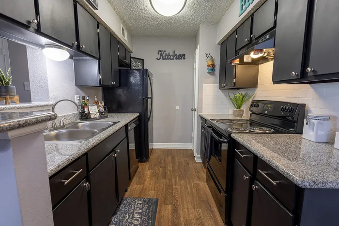 Modern kitchen with sleek black cabinets, granite countertops, and stylish wooden flooring, perfect for culinary creativity.