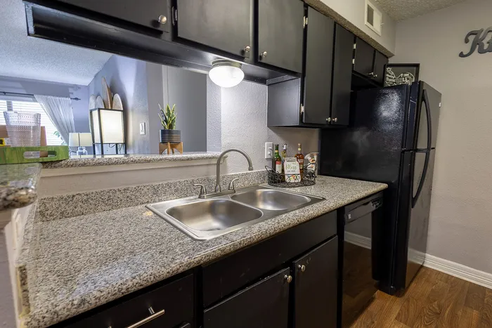 Chic kitchen with sleek granite countertops, modern black cabinetry, and an inviting open layout.