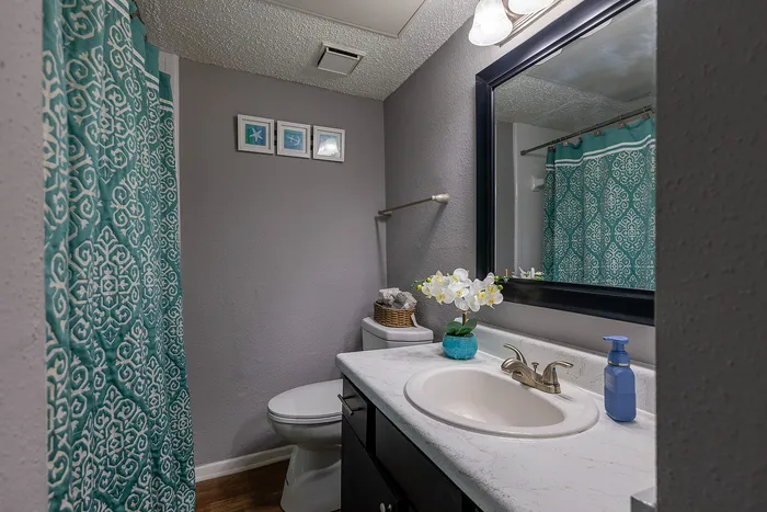 Charming bathroom with elegant teal shower curtain, modern fixtures, and decorative touches featuring flowers and artwork.