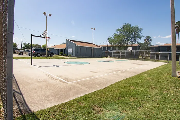 Inviting outdoor basketball court surrounded by lush green space, ideal for recreational fun and community activities.
