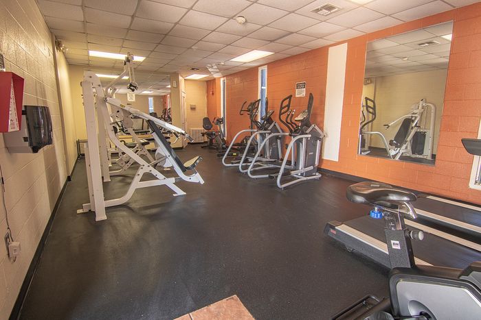 Modern fitness center featuring state-of-the-art cardio machines, weight benches, and a vibrant atmosphere for an energizing workout.