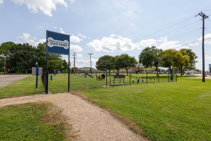 Inviting dog park with agility equipment, lush green grass, and shaded seating, perfect for pet-friendly activities.