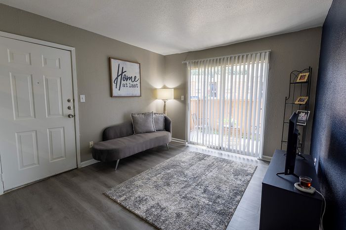 Modern living room with a cozy gray sofa, stylish decor, and large windows bringing in natural light, perfect for relaxation.