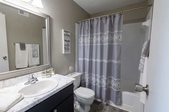 Elegant bathroom with a modern white vanity, decorative mirror, and stylish gray shower curtain.