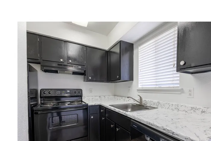 Modern kitchen featuring sleek black cabinetry, a stylish marbled countertop, and contemporary appliances, bathed in natural light.