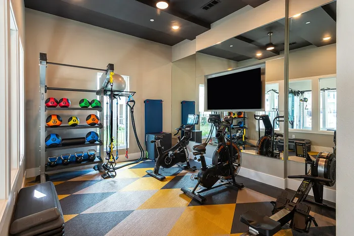 Modern fitness room featuring exercise bikes, kettlebells, and colorful medicine balls on geometric-patterned flooring.