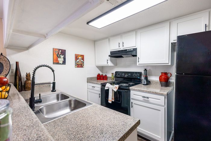 Updated kitchen with modern countertops, double sink, and upgraded fixtures at Waterchase Apartments