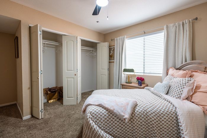 Bedroom with spacious closet and soft carpet flooring at Waterchase Apartments