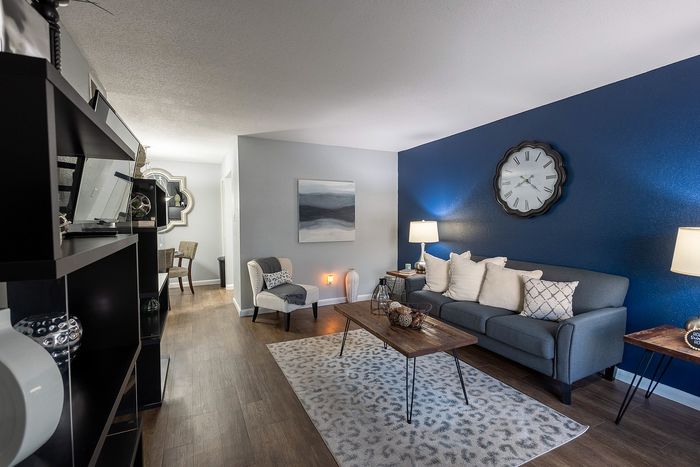 Bright living room with blue accent wall, wood-style flooring, modern sofa, and large window with natural light