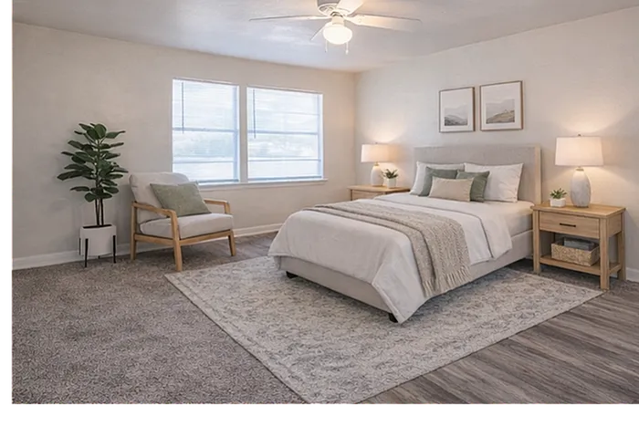 Inviting bedroom with natural light, featuring cozy bed, elegant decor, and plush carpeting for ultimate relaxation.