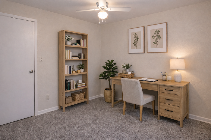 Inviting home office with warm lighting, showcasing elegant wood furniture, a stylish bookshelf, and lush greenery accents.