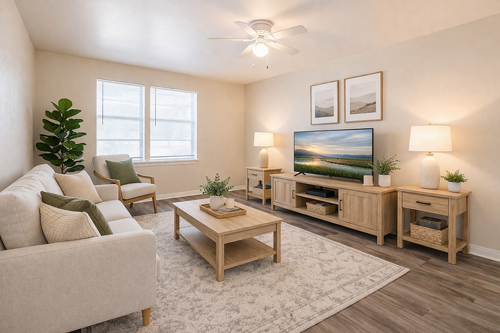 Bright and inviting living room with modern furnishings, plush couch, and stylish wooden accents, perfect for relaxation.