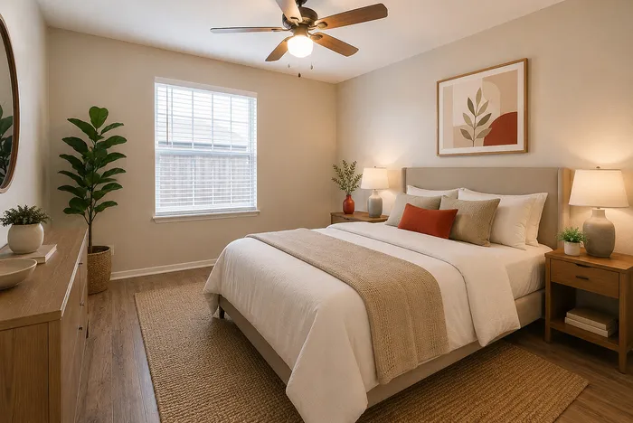 Virtually staged bedroom with ceiling fan and natural light at Green Meadows Apartments