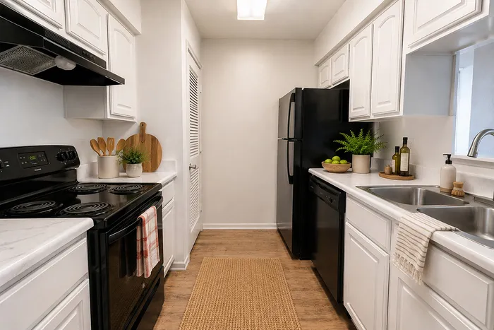 Apartment kitchen with updated countertops and black appliances at Green Meadows Apartments