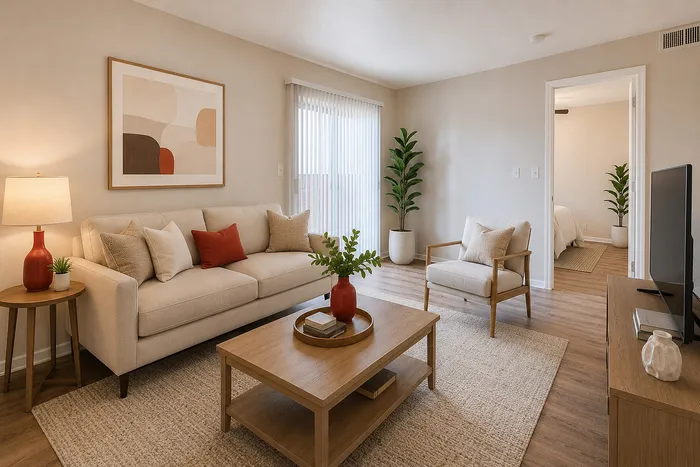 Open-concept living room with patio access at Green Meadows Apartments