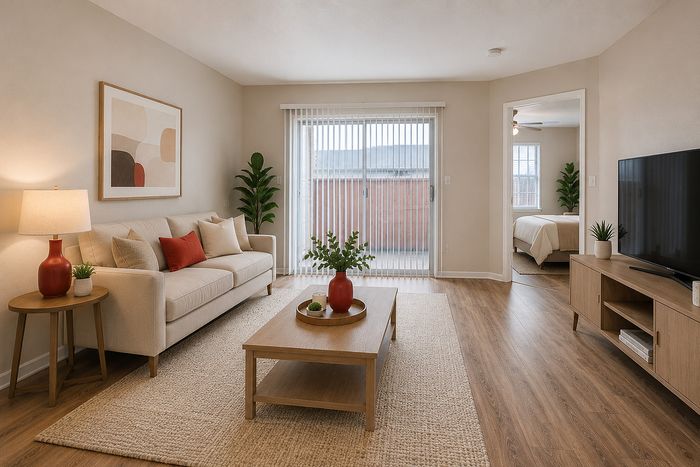 Virtually staged living room with wood-style flooring at Green Meadows Apartments