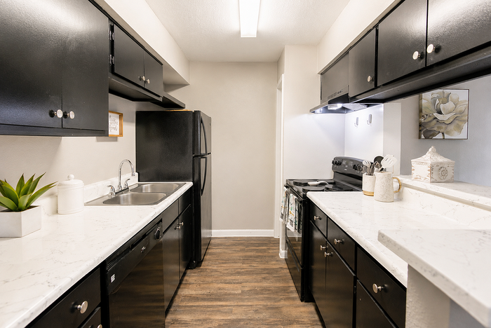 Modern galley-style kitchen at Newport Oaks Apartments in Alvin, TX featuring black appliances, updated countertops, and wood-style flooring.