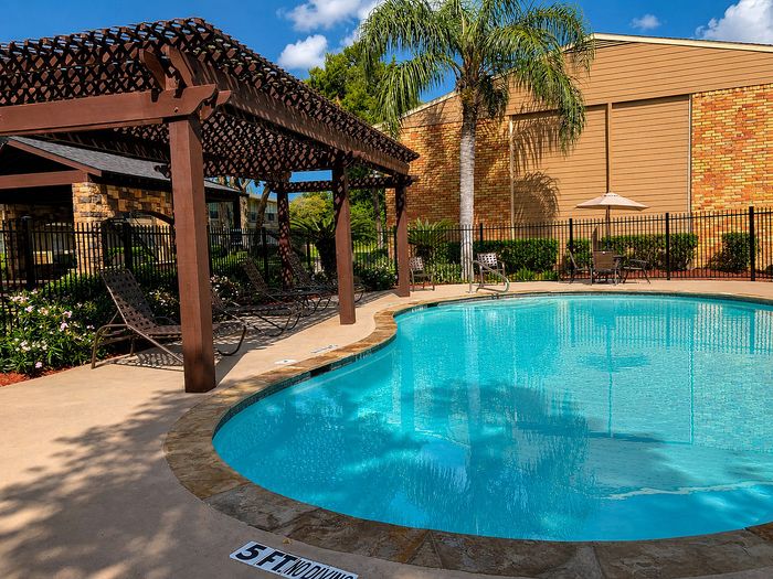 Resort-style swimming pool with shaded lounge seating and palm trees at Newport Oaks Apartments in Alvin, TX.