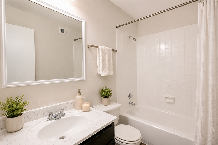 Bright apartment bathroom with updated vanity, bathtub and shower combination, and modern finishes at Brookmore Hollow Apartments.