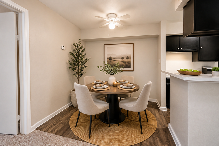 Bright dining space with breakfast bar and open-concept layout at Brookmore Hollow Apartments in Rosenberg, TX.