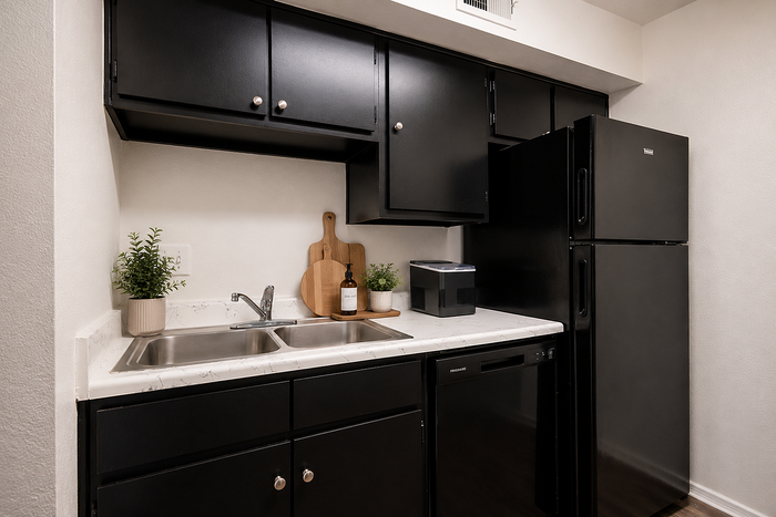 Modern apartment kitchen featuring black appliances, updated countertops, and ample cabinet storage at Brookmore Hollow Apartments.