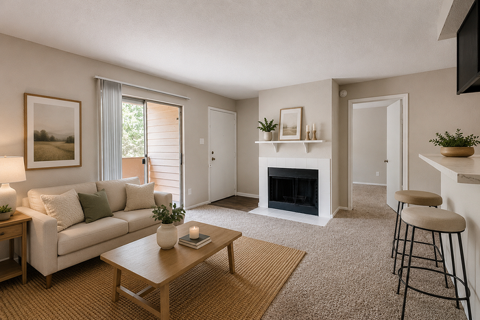 Spacious living room with fireplace, private patio access, and open-concept floor plan at Brookmore Hollow Apartments.