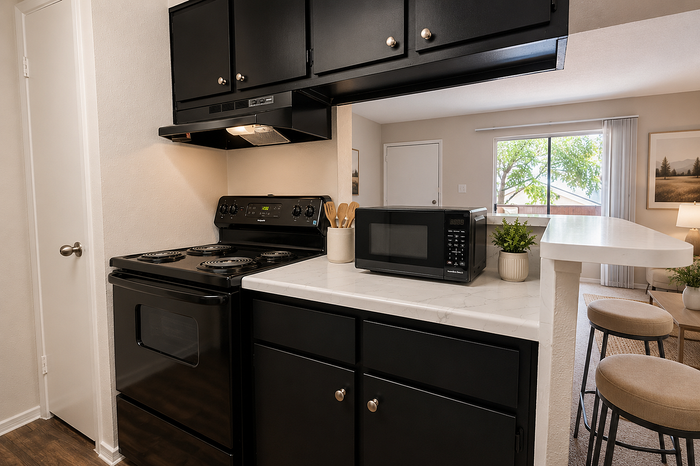 Contemporary apartment kitchen with black cabinets, updated countertops, and modern appliances at Brookmore Hollow Apartments.