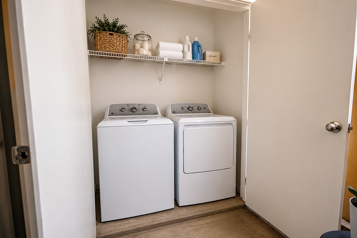 In-home laundry area with full-size washer and dryer at Brookmore Hollow Apartments in Rosenberg, TX.