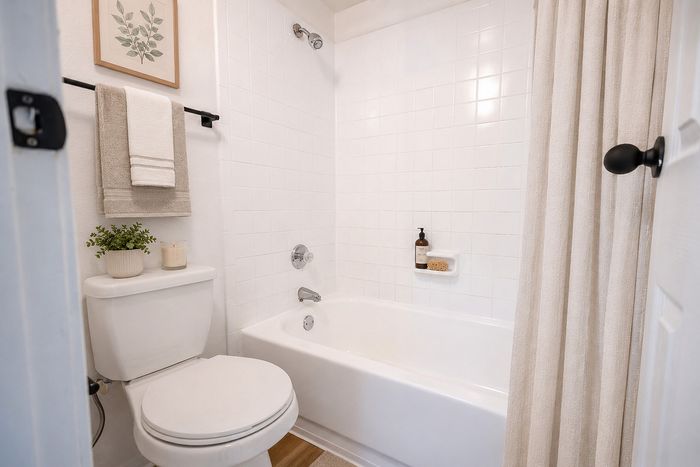 Deerbrook Gardens apartment bathroom in Humble, TX with white tub and tile surround, neutral finishes and coordinated bath d&eacute;cor.