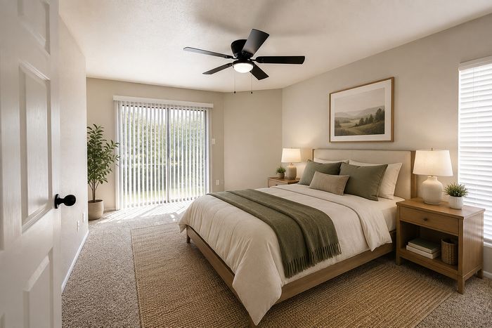 Bedroom at Deerbrook Gardens in Humble, TX with neutral furnishings, warm wood accents, ceiling fan and abundant natural light.