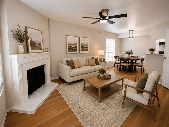 Deerbrook Gardens apartment living room in Humble, TX with fireplace, neutral seating, wood accents and adjoining dining area.