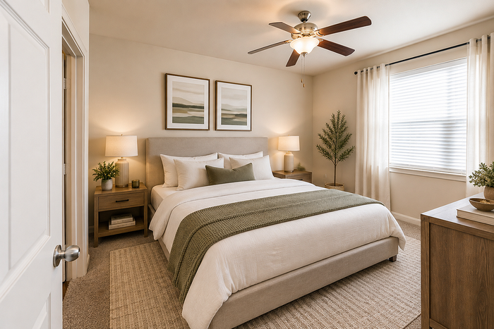 Spacious bedroom at Oak Tree Apartments in Kingsville, TX, with neutral finishes, natural light and modern furnishings.