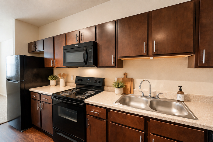 Apartment kitchen at Oak Tree Apartments in Kingsville, TX, featuring dark wood cabinets, spacious countertops, black appliances and a double-basin sink.