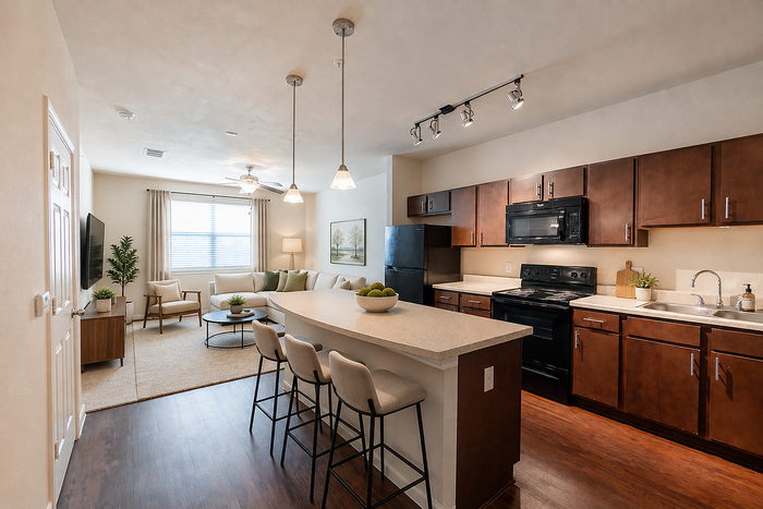 Open-concept kitchen and living room at Oak Tree Apartments in Kingsville, TX, featuring dark wood cabinetry, breakfast bar seating and modern furnishings.Open-concept kitchen and living room at Oak Tree Apartments in Kingsville, TX, featuring dark wood cabinetry, breakfast bar seating and modern furnishings.
