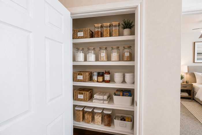 Large built-in kitchen pantry at Oak Tree Apartments in Kingsville, TX, offering multiple shelves for convenient food and household storage.