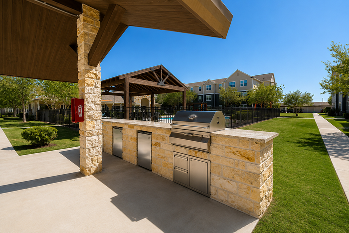 Modern outdoor BBQ area with stainless steel grill and stone countertops, surrounded by lush green lawns and contemporary apartment buildings under a clear blue sky.