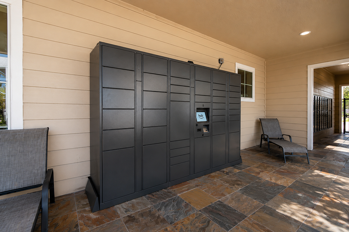 Modern parcel locker area with sleek design, offering secure and convenient package delivery solutions.