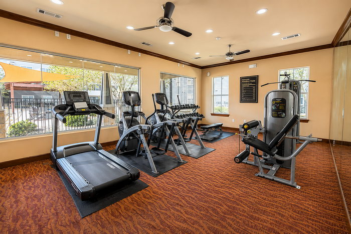 Inviting fitness center with state-of-the-art gym equipment, large windows showcasing natural light and a serene view.