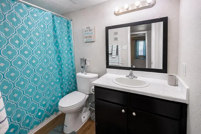 Apartment bathroom with black vanity, white countertop, large mirror and turquoise patterned shower curtain at The Reserve on Garth.