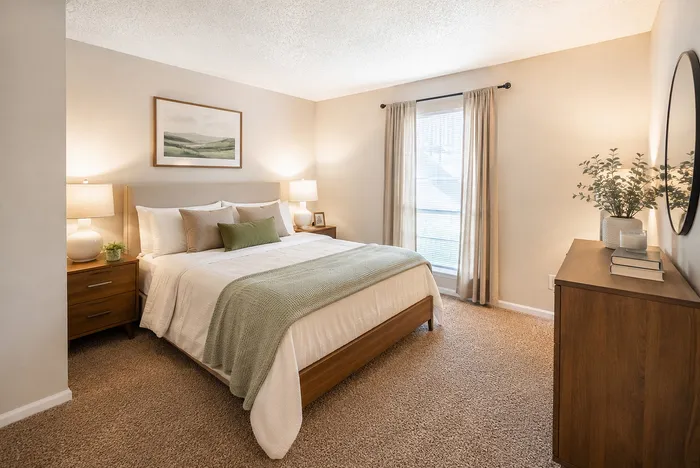 Furnished apartment bedroom with neutral bedding, wood furniture, bedside lamps and a large window at The Reserve on Garth in Baytown, TX.