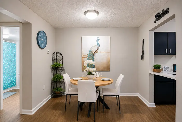 Furnished apartment dining area with a round table, four chairs and peacock artwork at The Reserve on Garth in Baytown, TX.