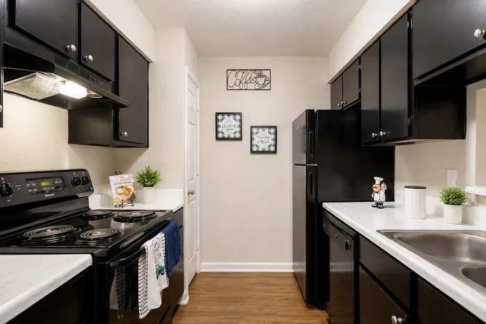 Galley-style apartment kitchen with black cabinetry, black appliances and light countertops at The Reserve on Garth in Baytown, TX.