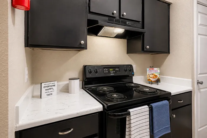 Apartment kitchen with black electric range, coordinated cabinetry and light countertops at The Reserve on Garth in Baytown, TX.