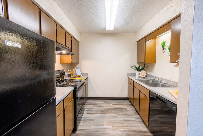 Galley-style apartment kitchen at Apple Creek with brown cabinetry, black appliances, double sink and wood-style flooring.