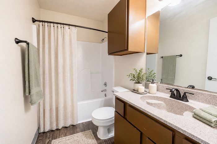 Apartment bathroom at Apple Creek featuring a tub and shower, vanity, large mirror and wood-style flooring.
