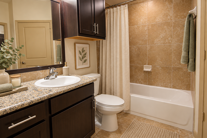 Bathroom at Valencia Place apartments in Houston, TX featuring a granite vanity, tiled tub and shower, dark cabinetry and neutral decor.