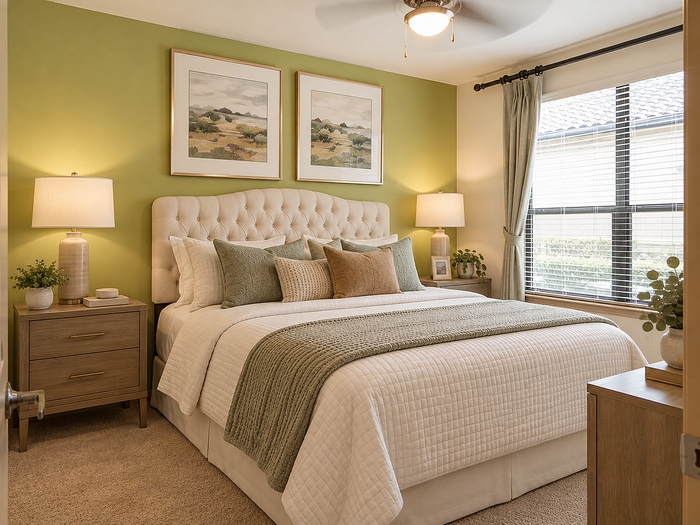 Virtually staged bedroom at Valencia Place apartments in Houston, TX with neutral bedding, sage accents, bedside tables and natural light.