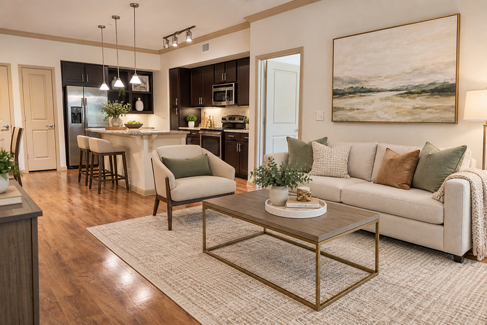 Welcoming open-concept living space with elegant furnishings, hardwood floors, and a contemporary kitchen with bar seating.
