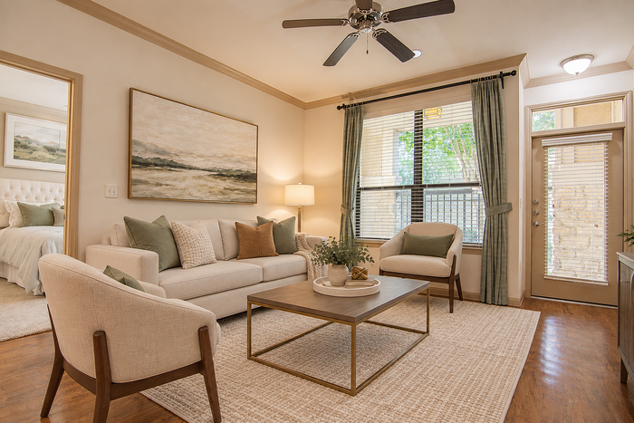 Virtually staged living room at Valencia Place apartments in Houston, TX with neutral furnishings, natural light and contemporary decor.