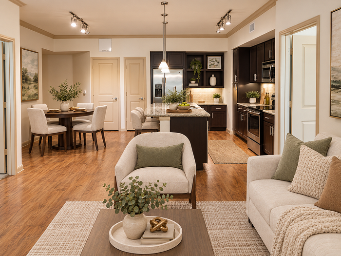 Virtually staged open-concept living, dining and kitchen area at Valencia Place apartments in Houston, TX with neutral furnishings and modern finishes.